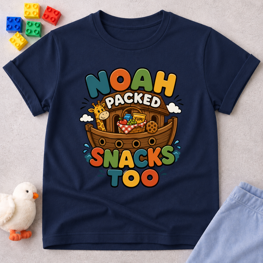 Noah Packed Snacks Too Christian kids shirt in navy featuring Noah's Ark filled with snacks

