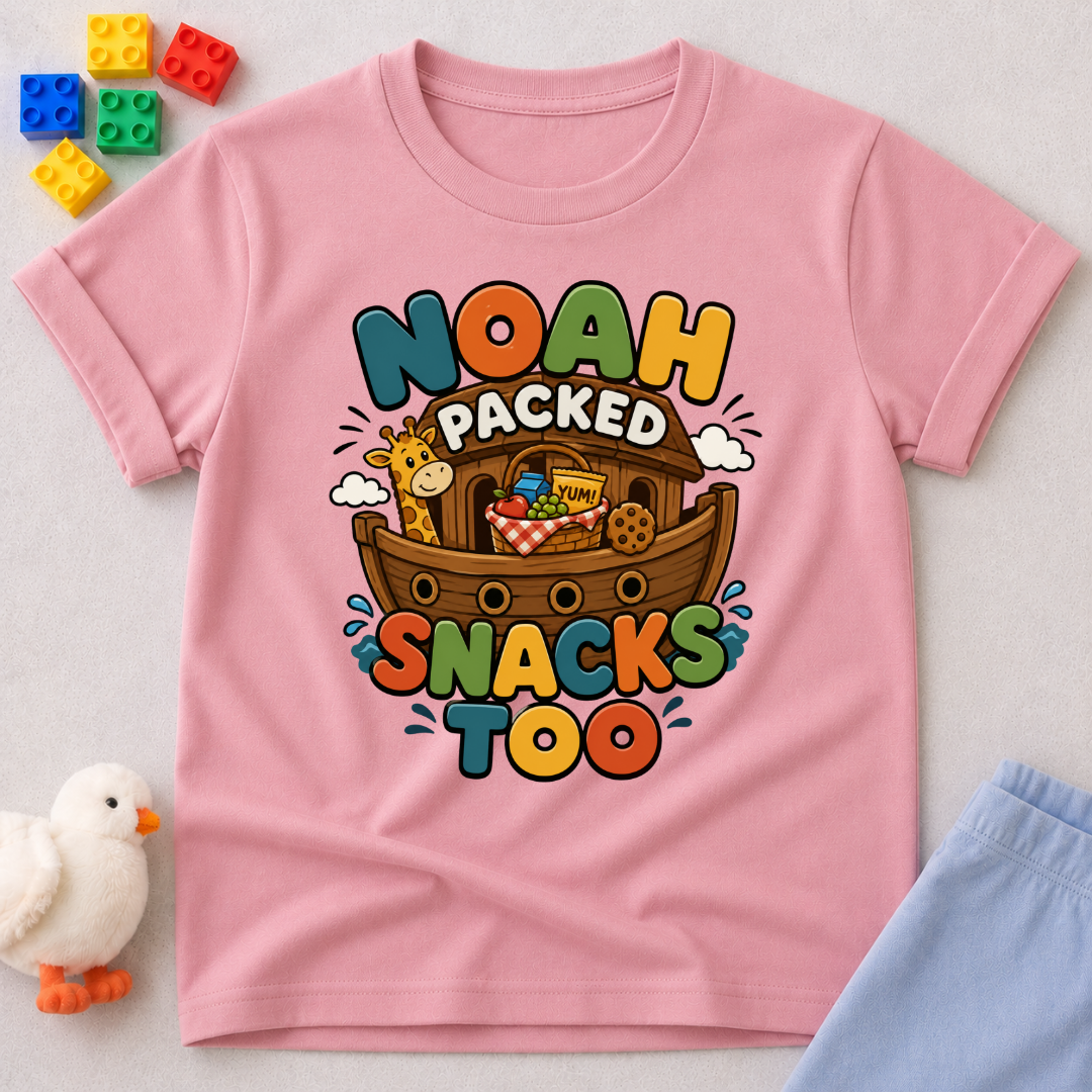 Noah Packed Snacks Too Christian kids shirt in pink featuring Noah's Ark filled with snacks

