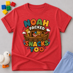 Noah Packed Snacks Too Christian kids shirt in red featuring Noah's Ark filled with snacks
