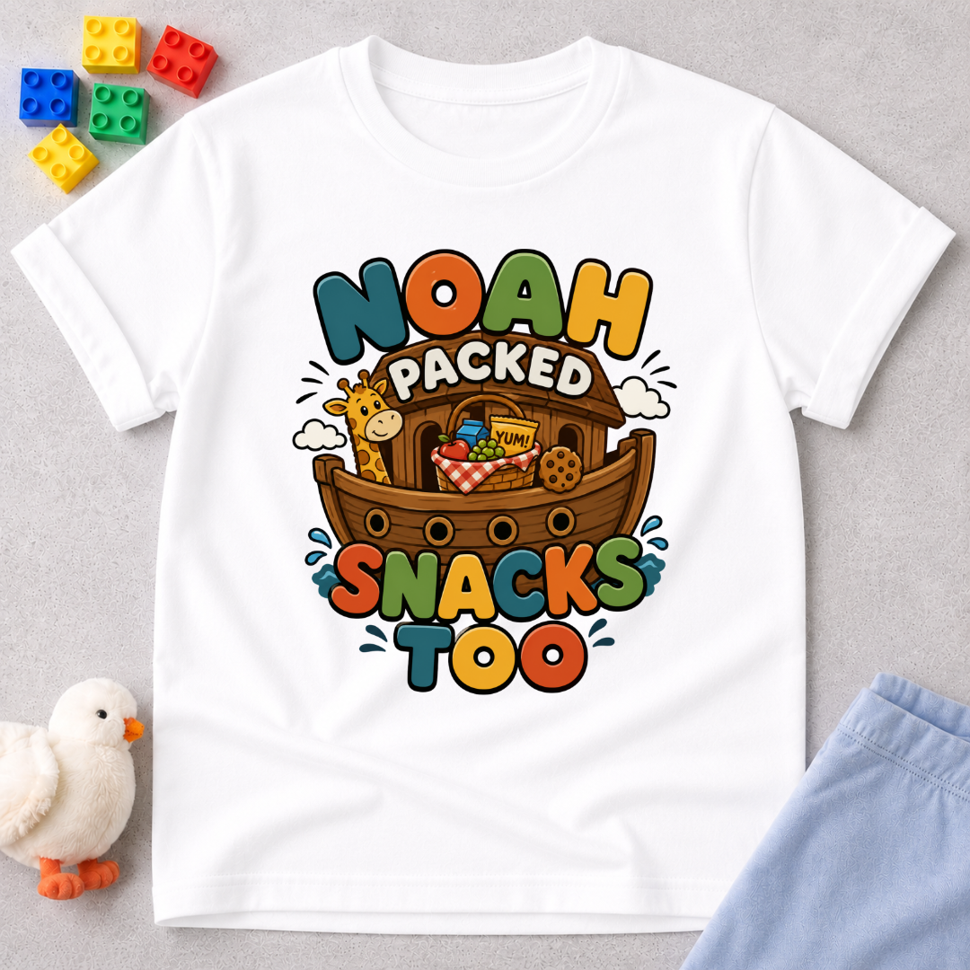 Noah Packed Snacks Too Christian kids shirt in white featuring Noah's Ark filled with snacks
