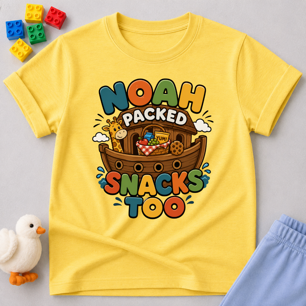 Noah Packed Snacks Too Christian kids shirt in yellow featuring Noah's Ark filled with snacks
