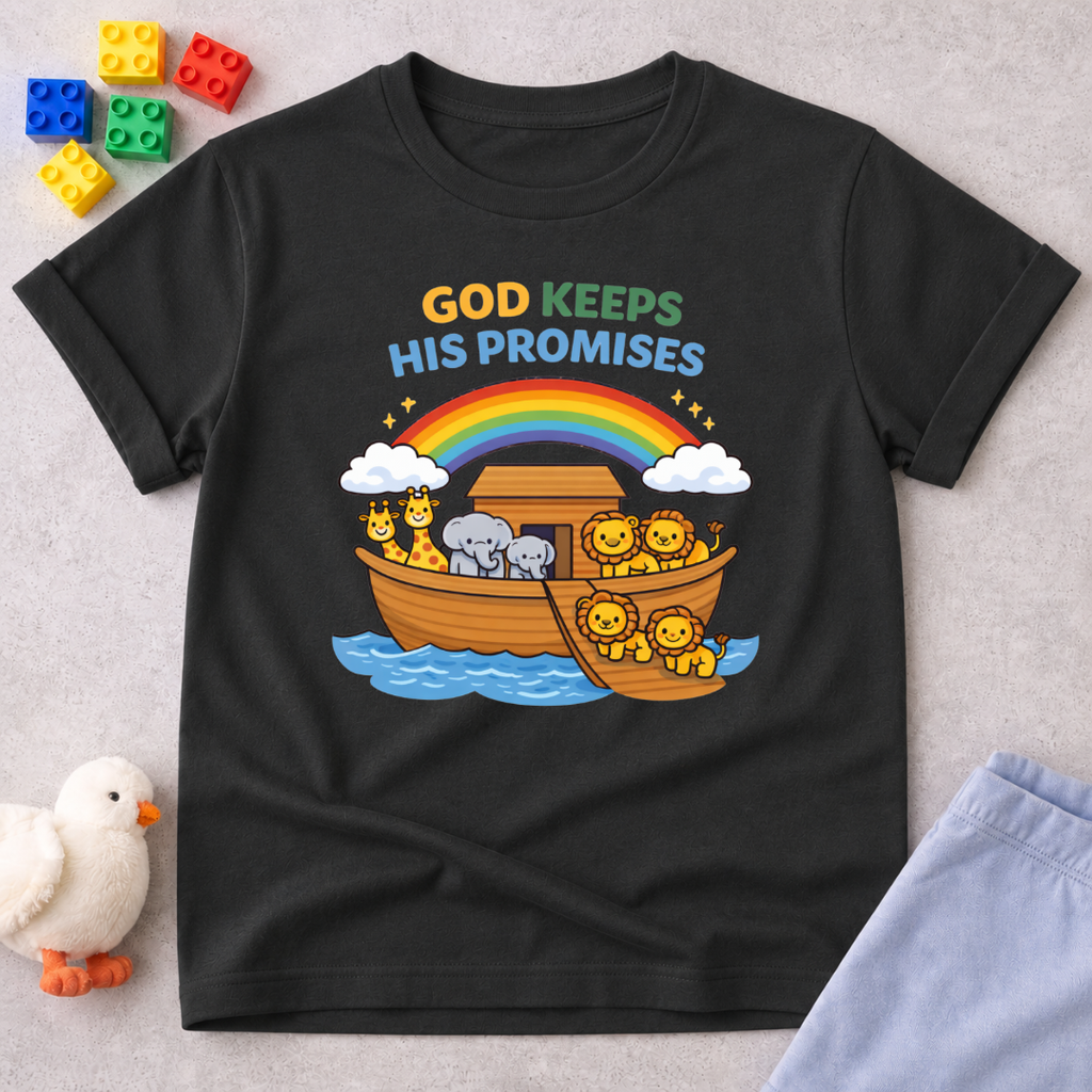 Noahs Ark Promise Adventure Christian kids shirt in Black featuring Noah's Ark, rainbow, and God's promises design