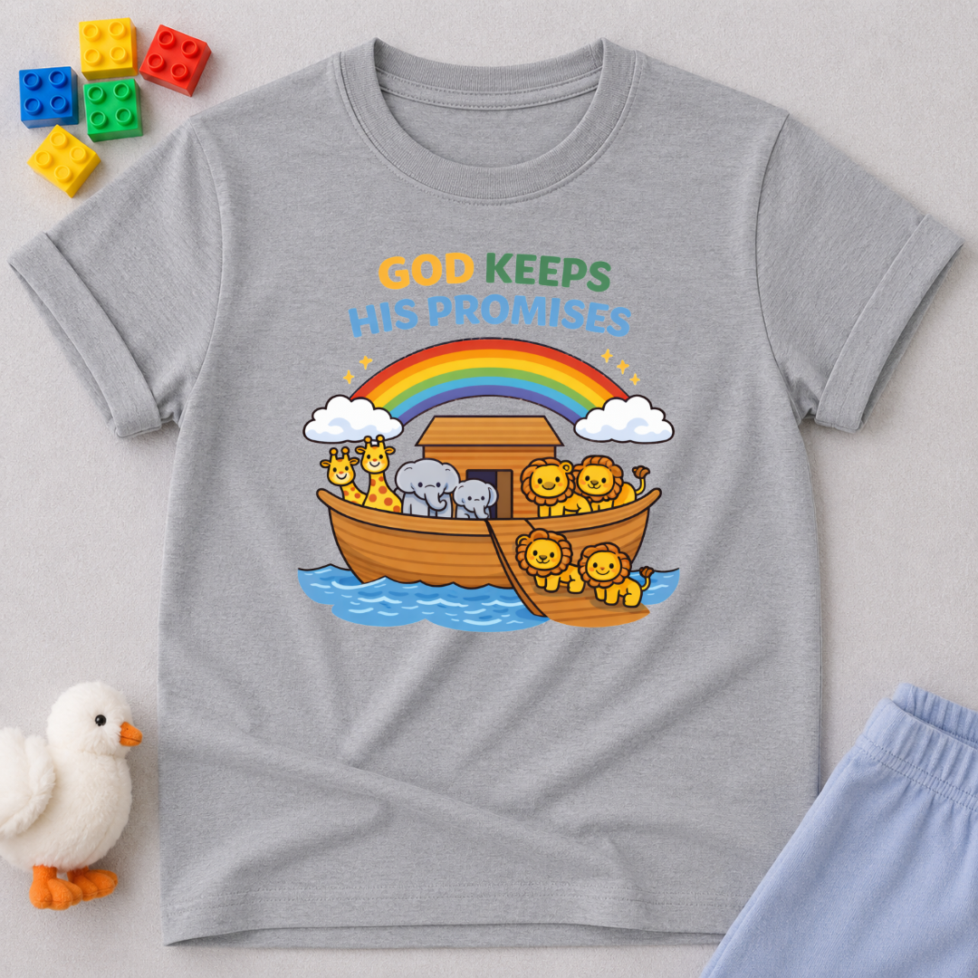 Noahs Ark Promise Adventure Christian kids shirt in Gray featuring Noah's Ark, rainbow, and God's promises design