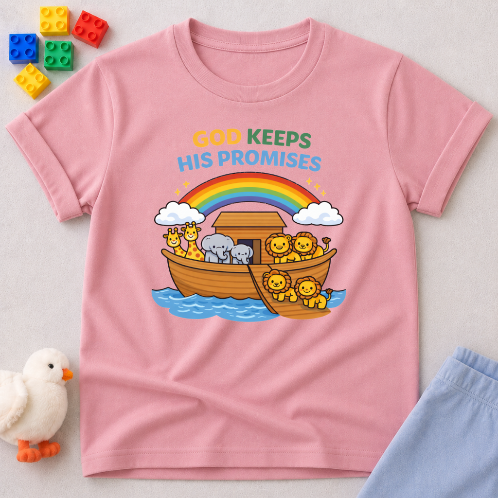 Noahs Ark Promise Adventure Christian kids shirt in Pink featuring Noah's Ark, rainbow, and God's promises design
