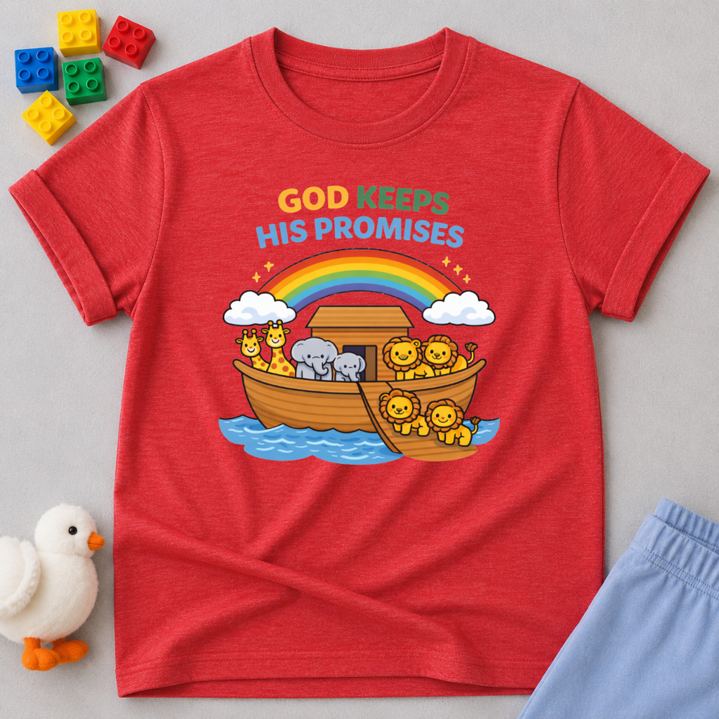 Noahs Ark Promise Adventure Christian kids shirt in Red featuring Noah's Ark, rainbow, and God's promises design