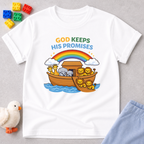 Noahs Ark Promise Adventure Christian kids shirt in White featuring Noah's Ark, rainbow, and God's promises design