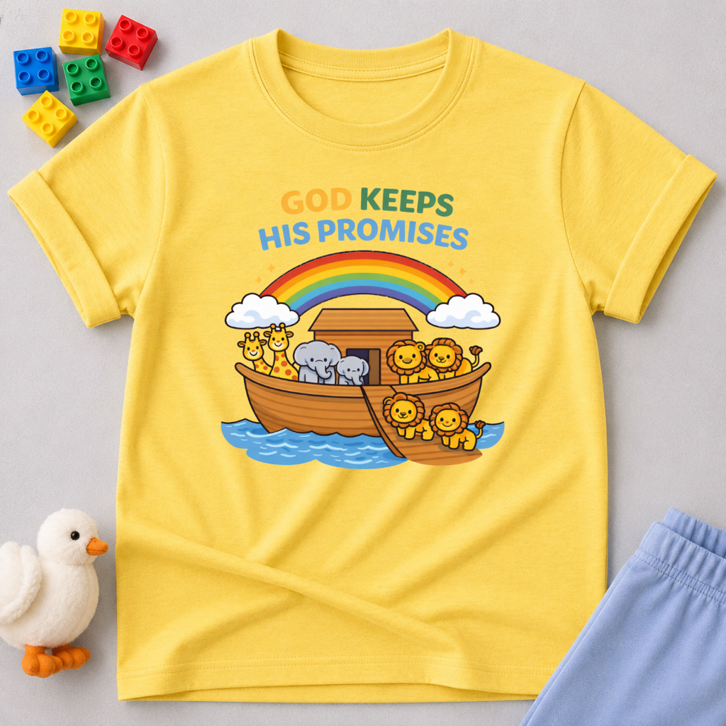 Noahs Ark Promise Adventure Christian kids shirt in Yellow featuring Noah's Ark, rainbow, and God's promises design