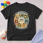 Old Testament Heroes Wheel Shirt Christian kids shirt in black featuring biblical heroes in an educational wheel design
