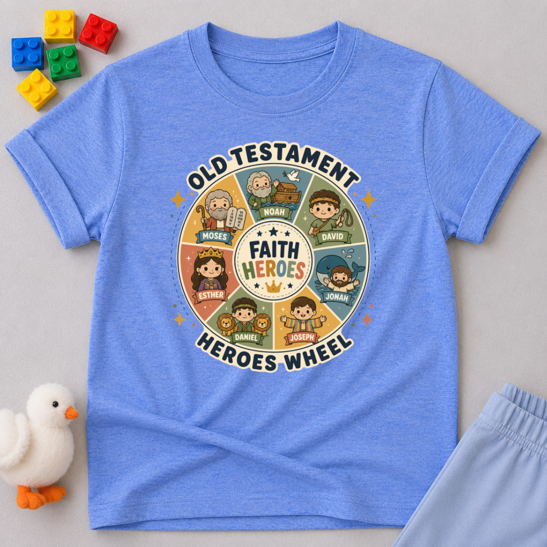 Old Testament Heroes Wheel Shirt Christian kids shirt in blue featuring biblical heroes in an educational wheel design
