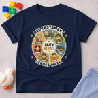 Old Testament Heroes Wheel Shirt Christian kids shirt in navy featuring biblical heroes in an educational wheel design
