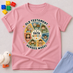 Old Testament Heroes Wheel Shirt Christian kids shirt in pink featuring biblical heroes in an educational wheel design
