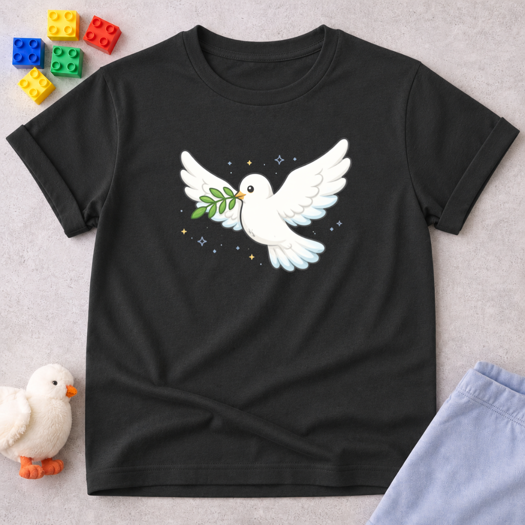 Peace Dove Shirt Christian kids shirt in Black featuring a white dove carrying an olive branch