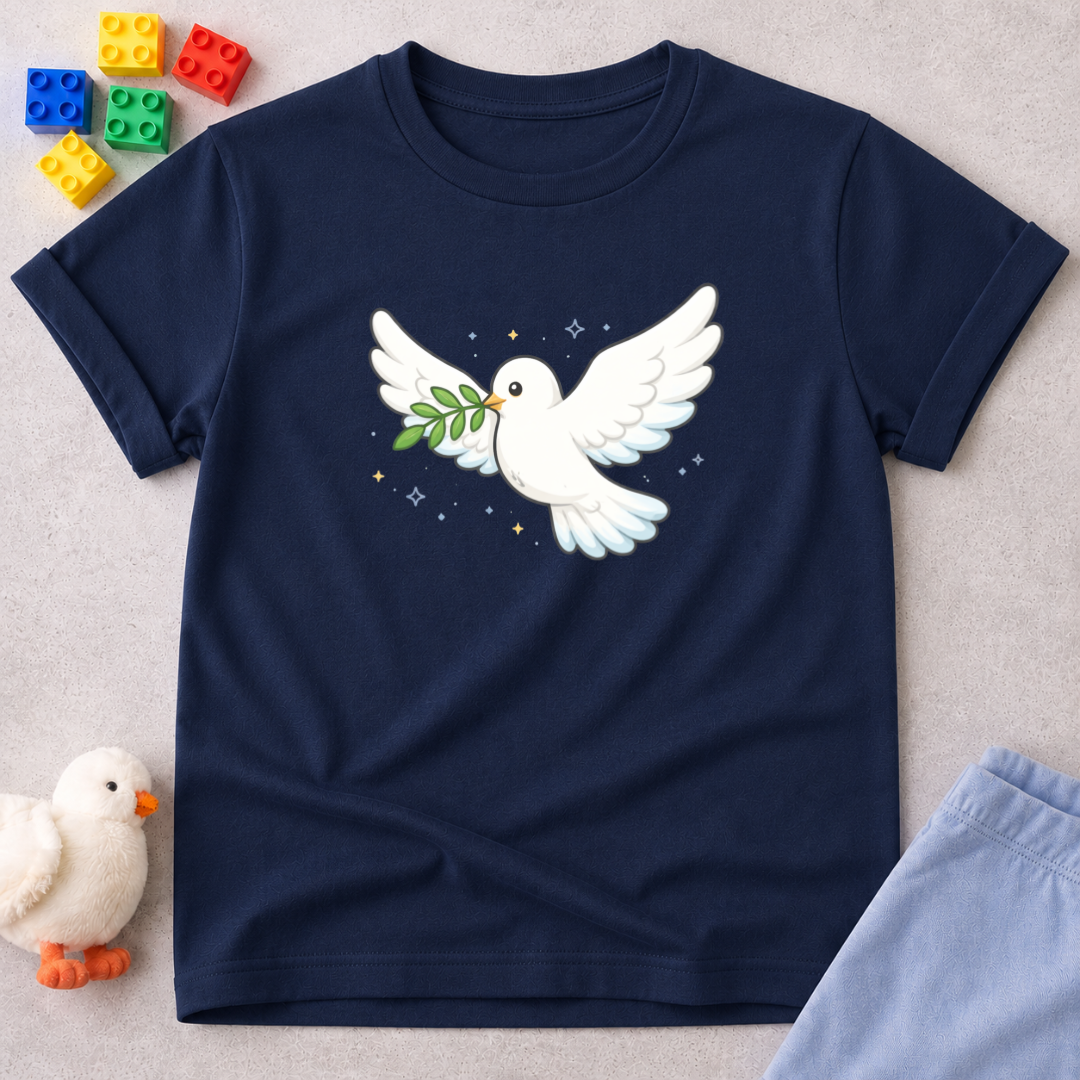 Peace Dove Shirt Christian kids shirt in Navy featuring a white dove carrying an olive branch
