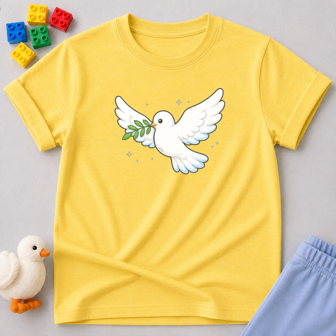 Peace Dove Shirt Christian kids shirt in Yellow featuring a white dove carrying an olive branch