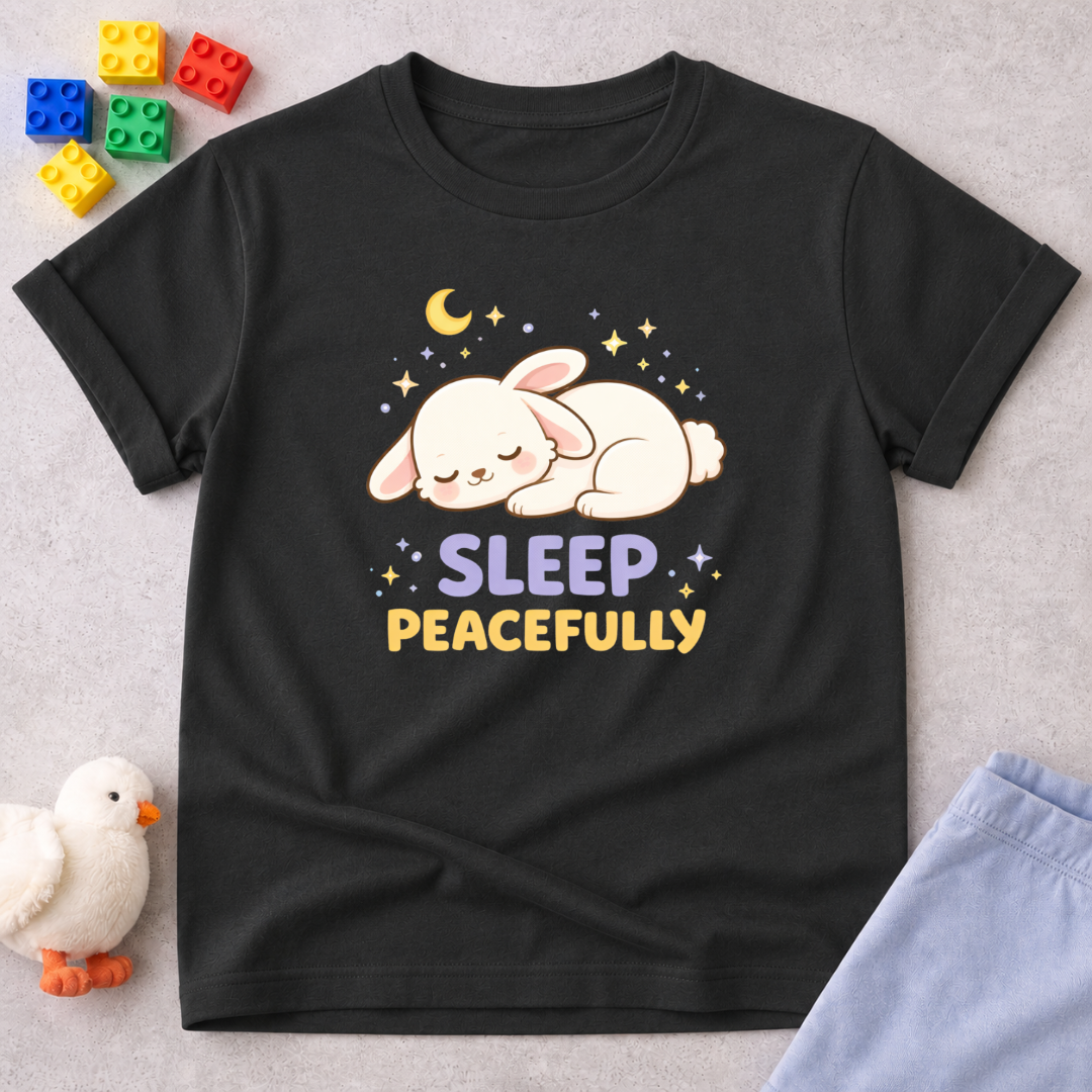 Peaceful Lamb Dreams Christian kids shirt in Black featuring a sleeping lamb and peaceful faith-inspired design