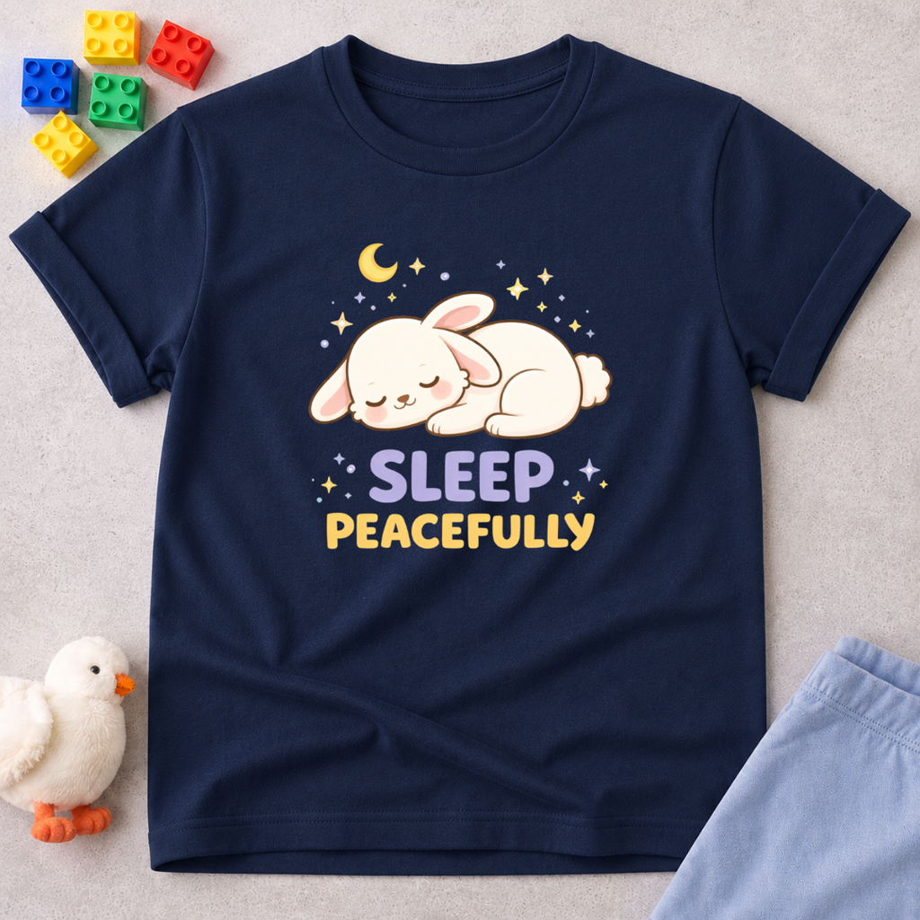 Peaceful Lamb Dreams Christian kids shirt in Navy featuring a sleeping lamb and peaceful faith-inspired design