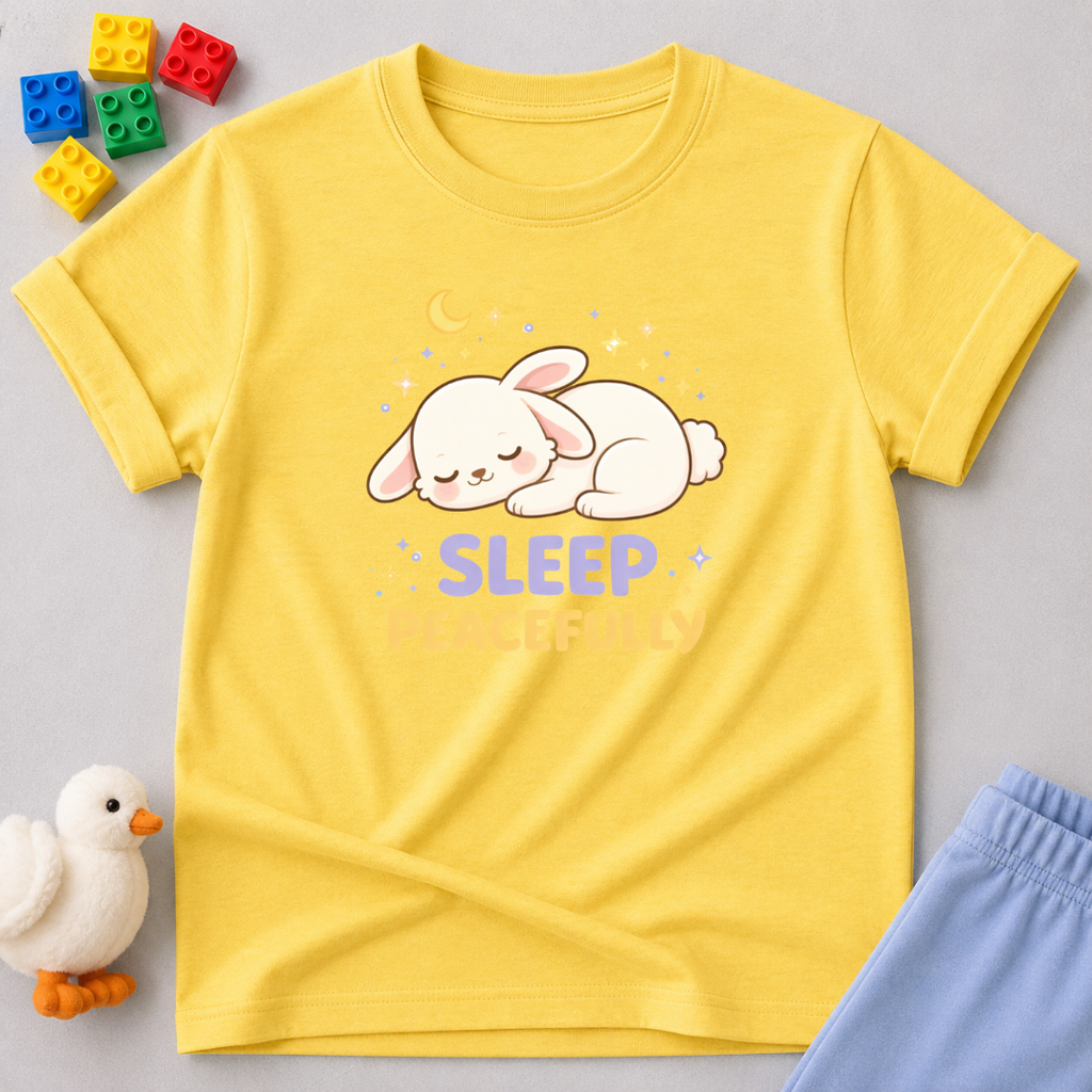 Peaceful Lamb Dreams Christian kids shirt in Yellow featuring a sleeping lamb and peaceful faith-inspired design