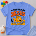 Powered by Jesus and Goldfish Christian kids shirt in blue featuring a smiling goldfish snack character
