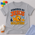 Powered by Jesus and Goldfish Christian kids shirt in gray featuring a smiling goldfish snack character
