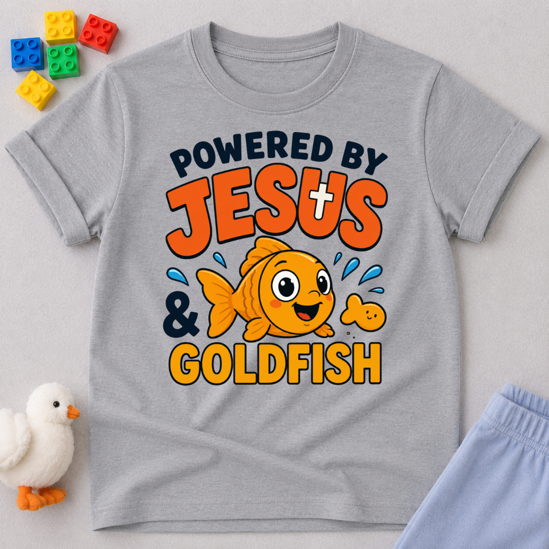 Powered by Jesus and Goldfish Christian kids shirt in gray featuring a smiling goldfish snack character
