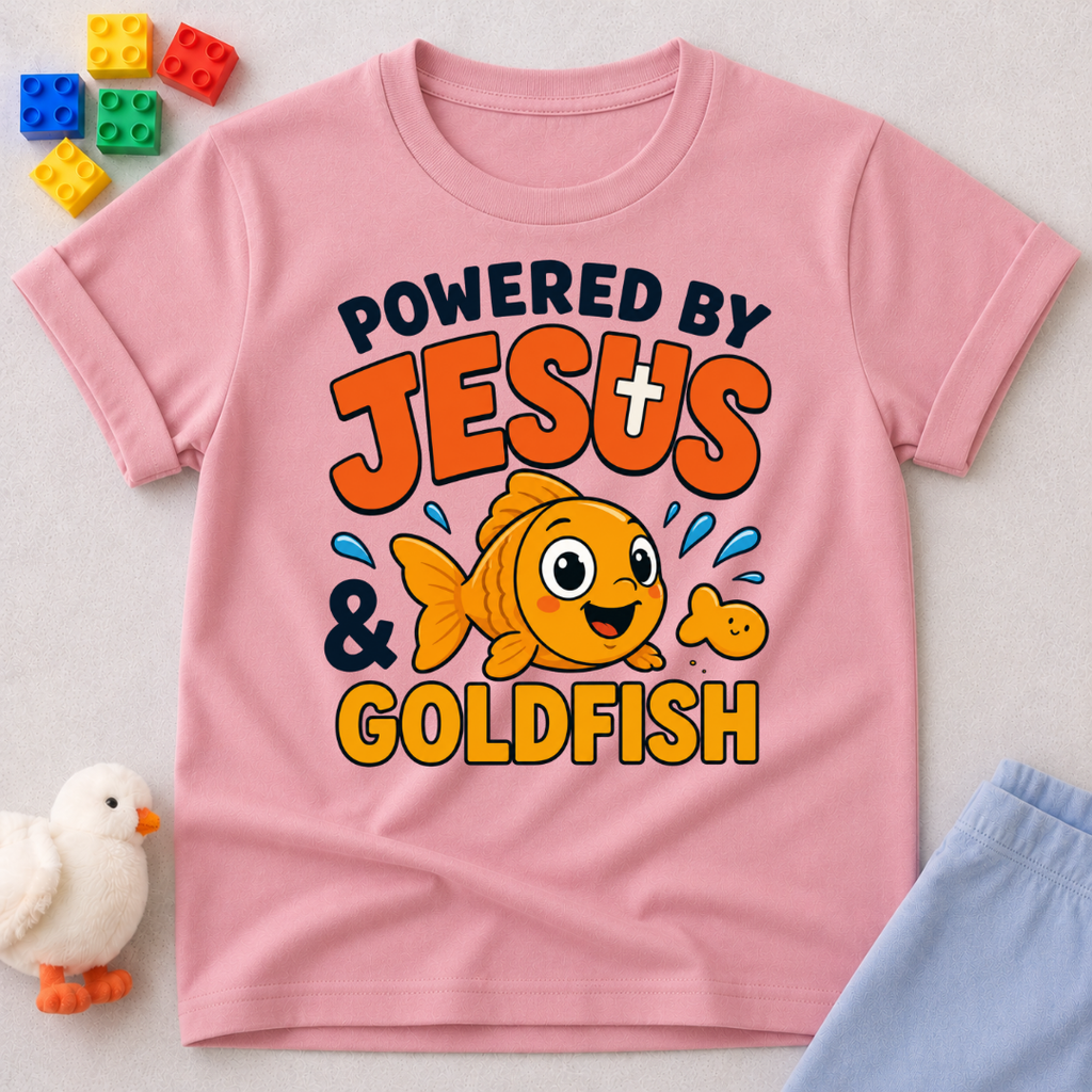 Powered by Jesus and Goldfish Christian kids shirt in pink featuring a smiling goldfish snack character
