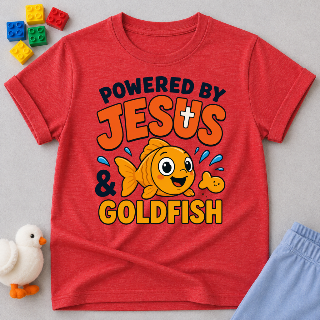 Powered by Jesus and Goldfish Christian kids shirt in red featuring a smiling goldfish snack character
