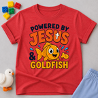 Powered by Jesus and Goldfish Christian kids shirt in red featuring a smiling goldfish snack character
