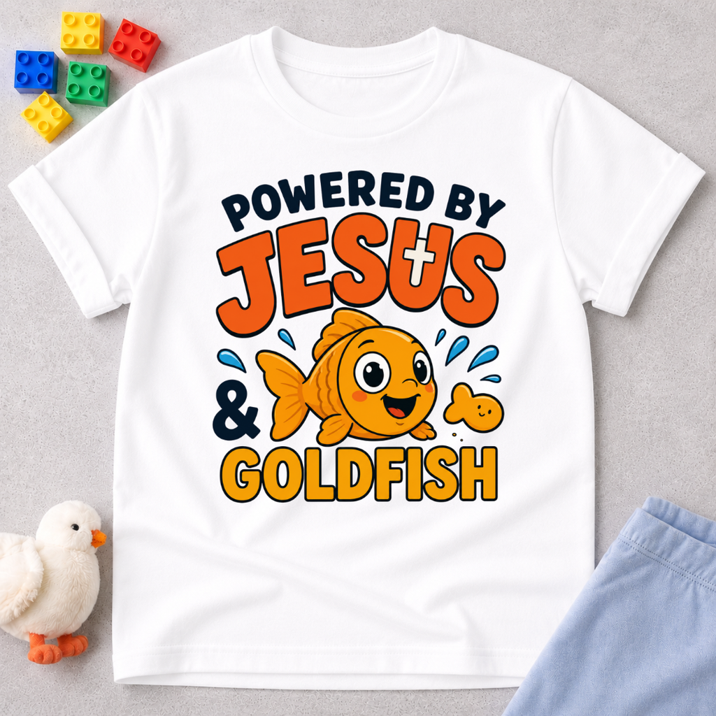 Powered by Jesus and Goldfish Christian kids shirt in white featuring a smiling goldfish snack character

