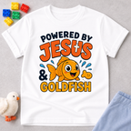 Powered by Jesus and Goldfish Christian kids shirt in white featuring a smiling goldfish snack character
