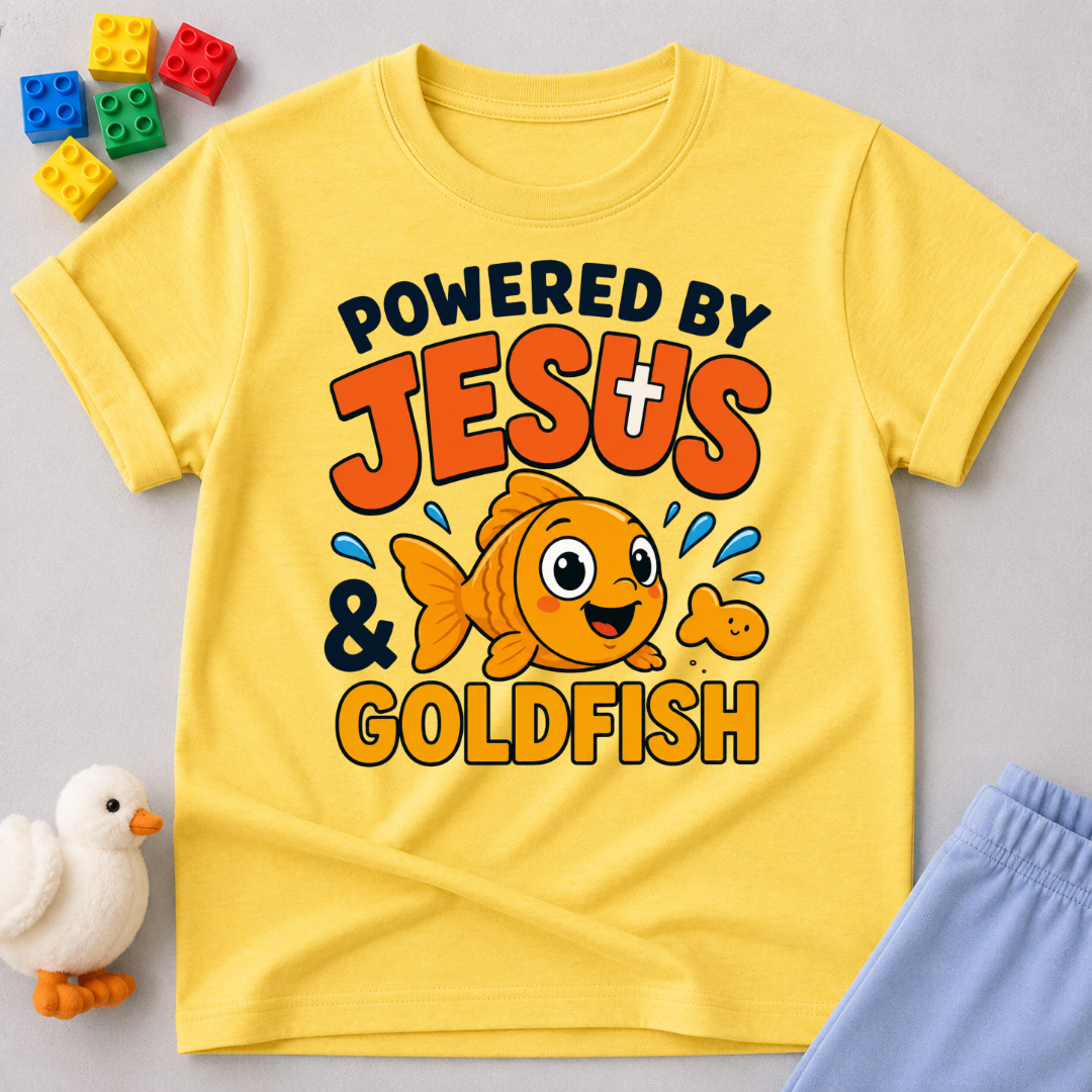 Powered by Jesus and Goldfish Christian kids shirt in yellow featuring a smiling goldfish snack character
