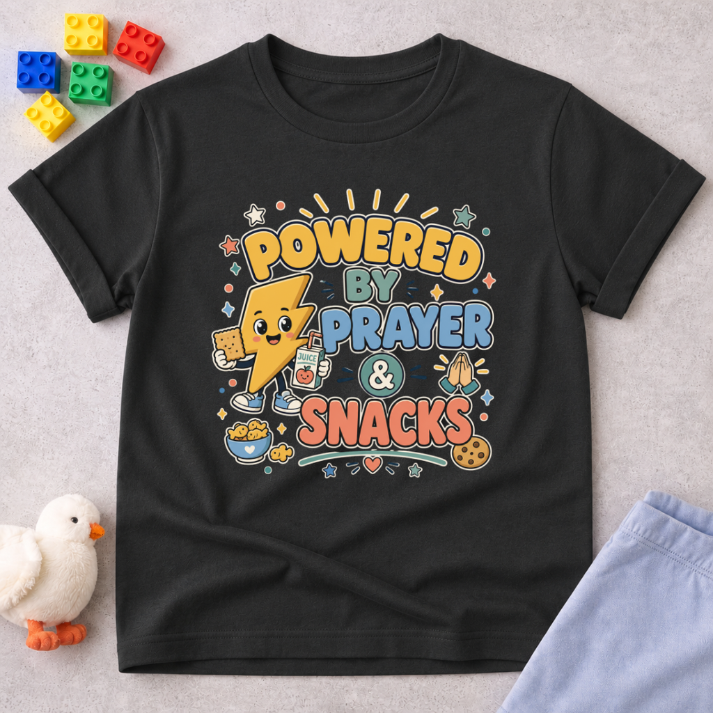 Powered by Prayer and Snacks Christian kids shirt in black featuring a fun faith-inspired prayer design
