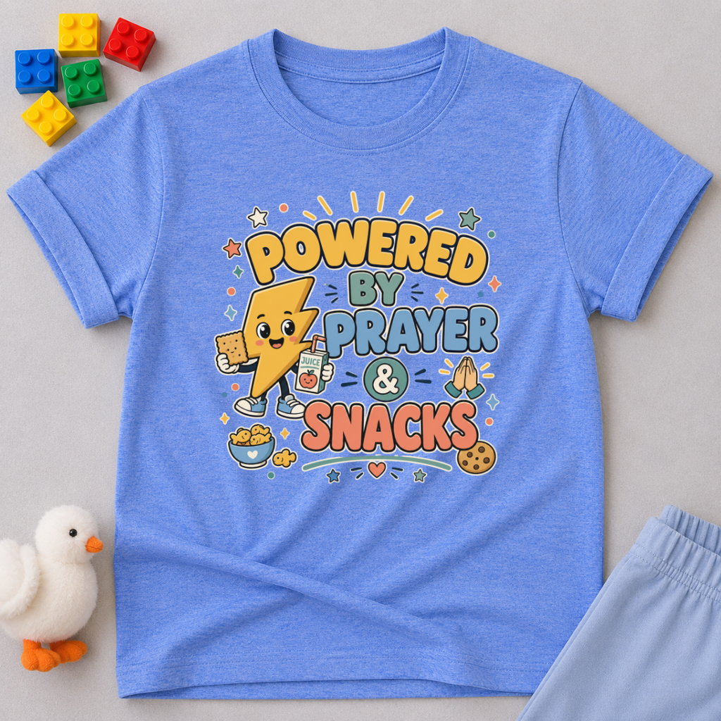 Powered by Prayer and Snacks Christian kids shirt in blue featuring a fun faith-inspired prayer design
