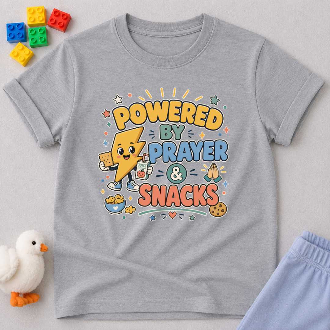 Powered by Prayer and Snacks Christian kids shirt in gray featuring a fun faith-inspired prayer design
