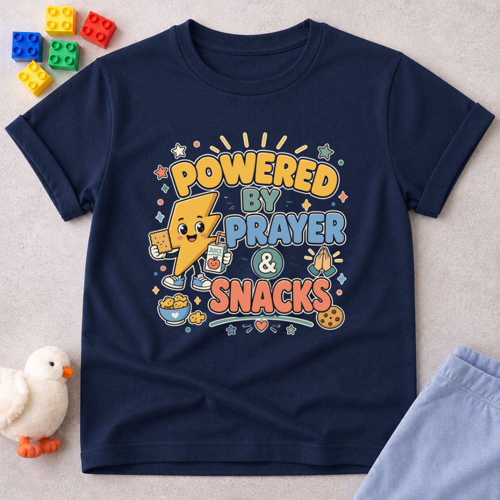 Powered by Prayer and Snacks Christian kids shirt in navy featuring a fun faith-inspired prayer design
