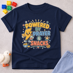 Powered by Prayer and Snacks Christian kids shirt in navy featuring a fun faith-inspired prayer design
