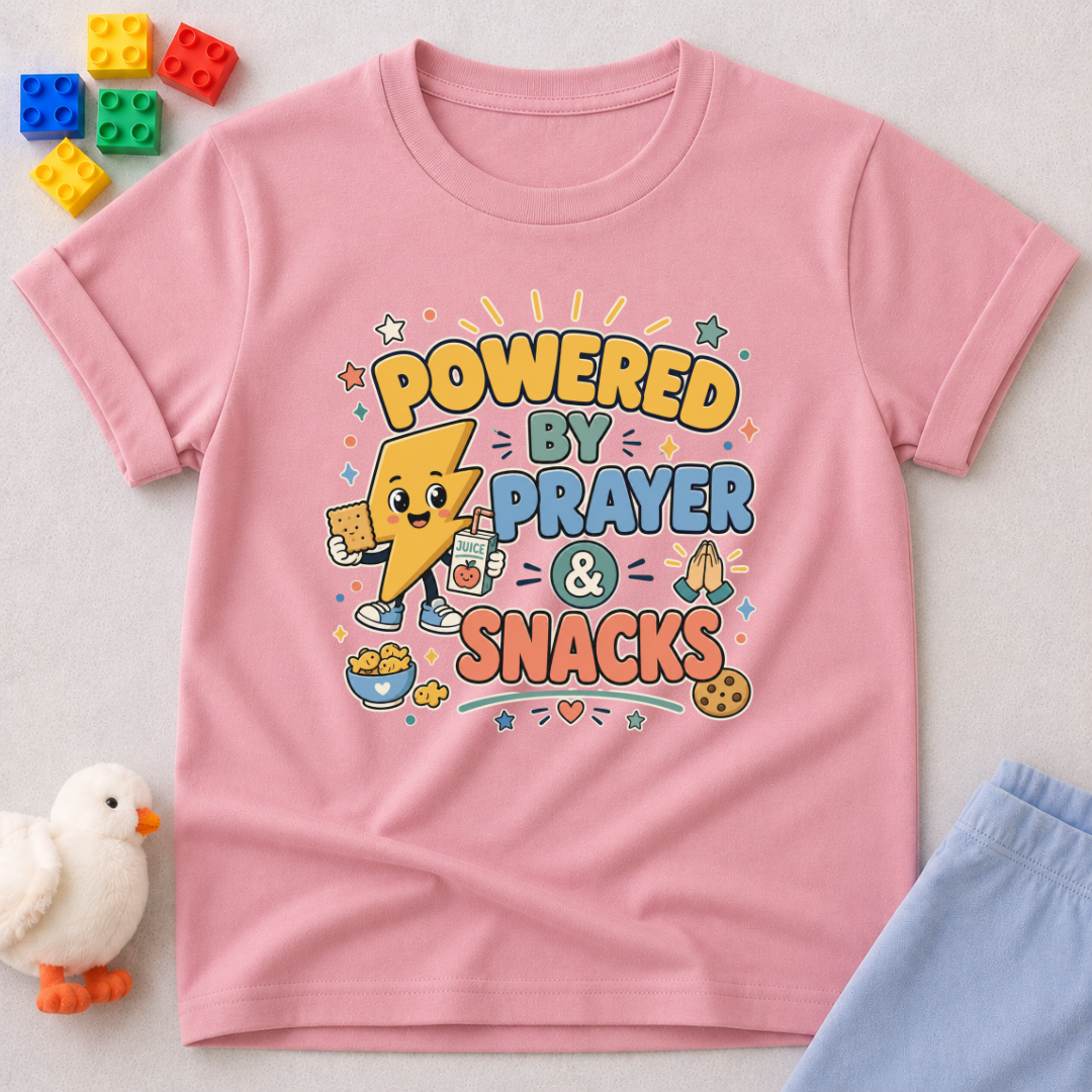 Powered by Prayer and Snacks Christian kids shirt in pink featuring a fun faith-inspired prayer design
