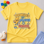 Powered by Prayer and Snacks Christian kids shirt in yellow featuring a fun faith-inspired prayer design
