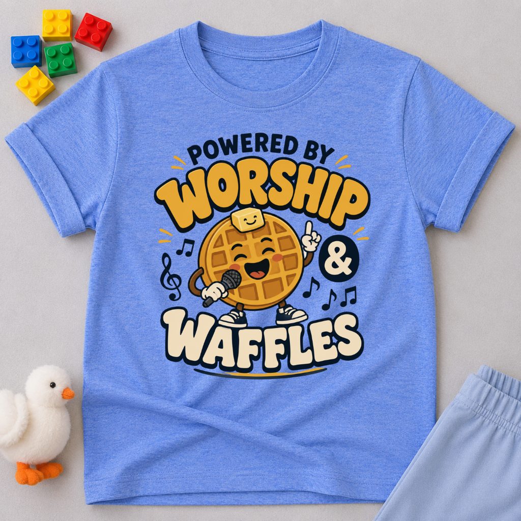 Powered by Worship and Waffles Christian kids shirt in blue featuring a smiling waffle with musical notes
