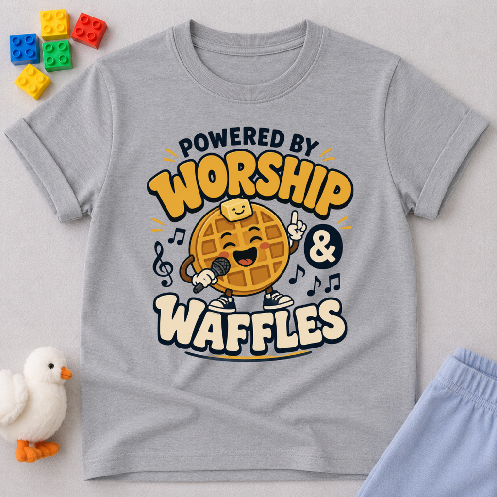 Powered by Worship and Waffles Christian kids shirt in gray featuring a smiling waffle with musical notes
