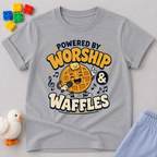 Powered by Worship and Waffles Christian kids shirt in gray featuring a smiling waffle with musical notes
