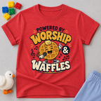 Powered by Worship and Waffles Christian kids shirt in red featuring a smiling waffle with musical notes
