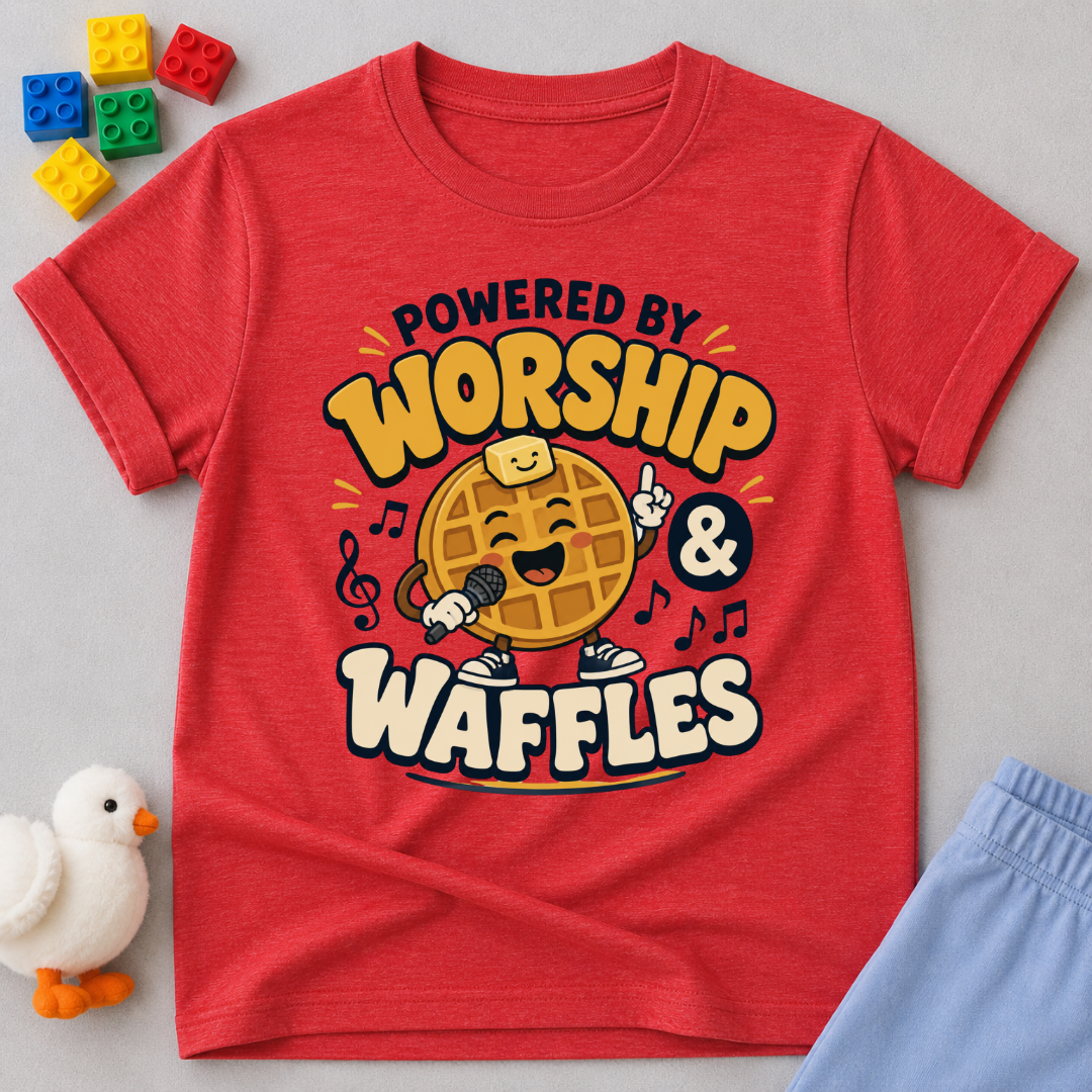 Powered by Worship and Waffles Christian kids shirt in red featuring a smiling waffle with musical notes

