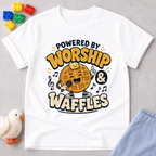 Powered by Worship and Waffles Christian kids shirt in white featuring a smiling waffle with musical notes
