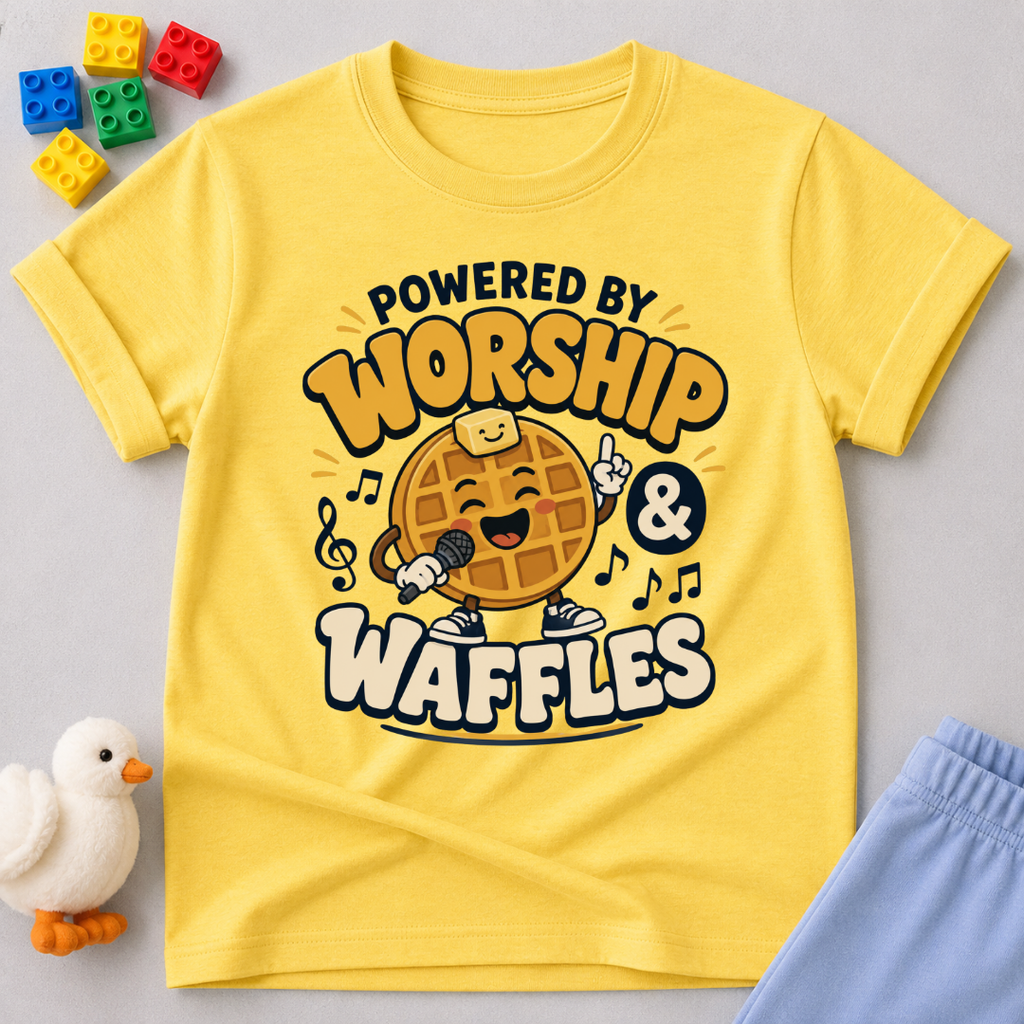 Powered by Worship and Waffles Christian kids shirt in yellow featuring a smiling waffle with musical notes
