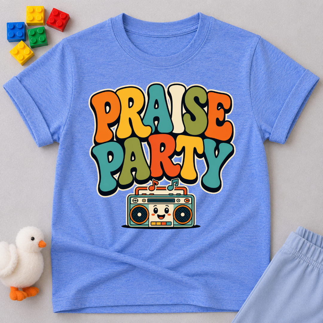 Praise Party Boombox Christian kids shirt in blue featuring a smiling retro music player
