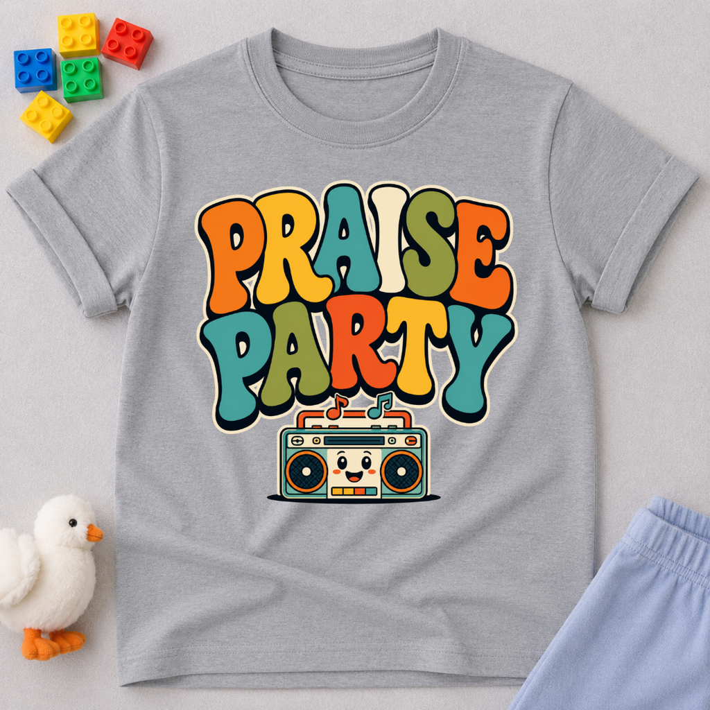 Praise Party Boombox Christian kids shirt in gray featuring a smiling retro music player
