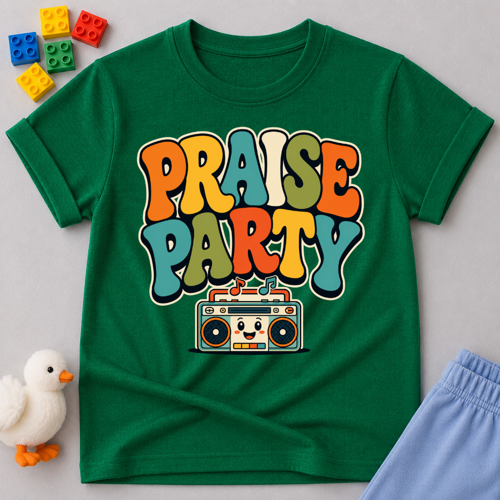 Praise Party Boombox Christian kids shirt in green featuring a smiling retro music player
