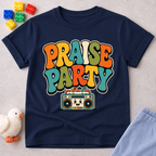 Praise Party Boombox Christian kids shirt in navy featuring a smiling retro music player
