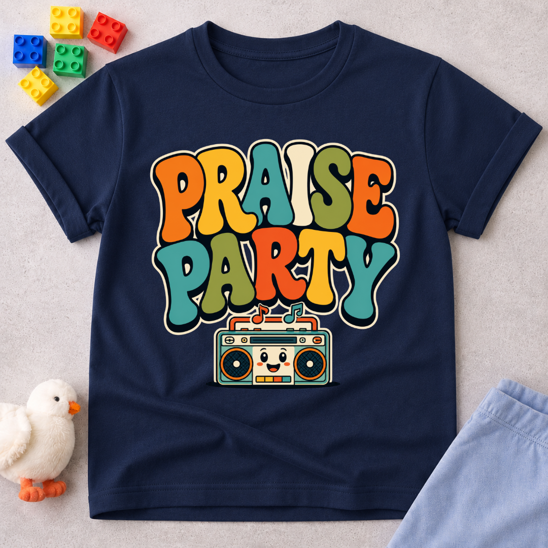 Praise Party Boombox Christian kids shirt in navy featuring a smiling retro music player
