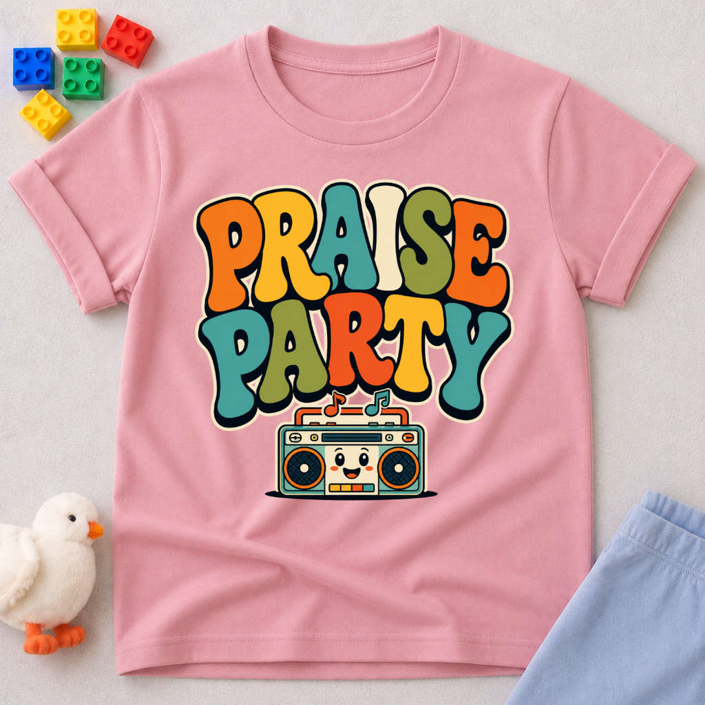 Praise Party Boombox Christian kids shirt in pink featuring a smiling retro music player
